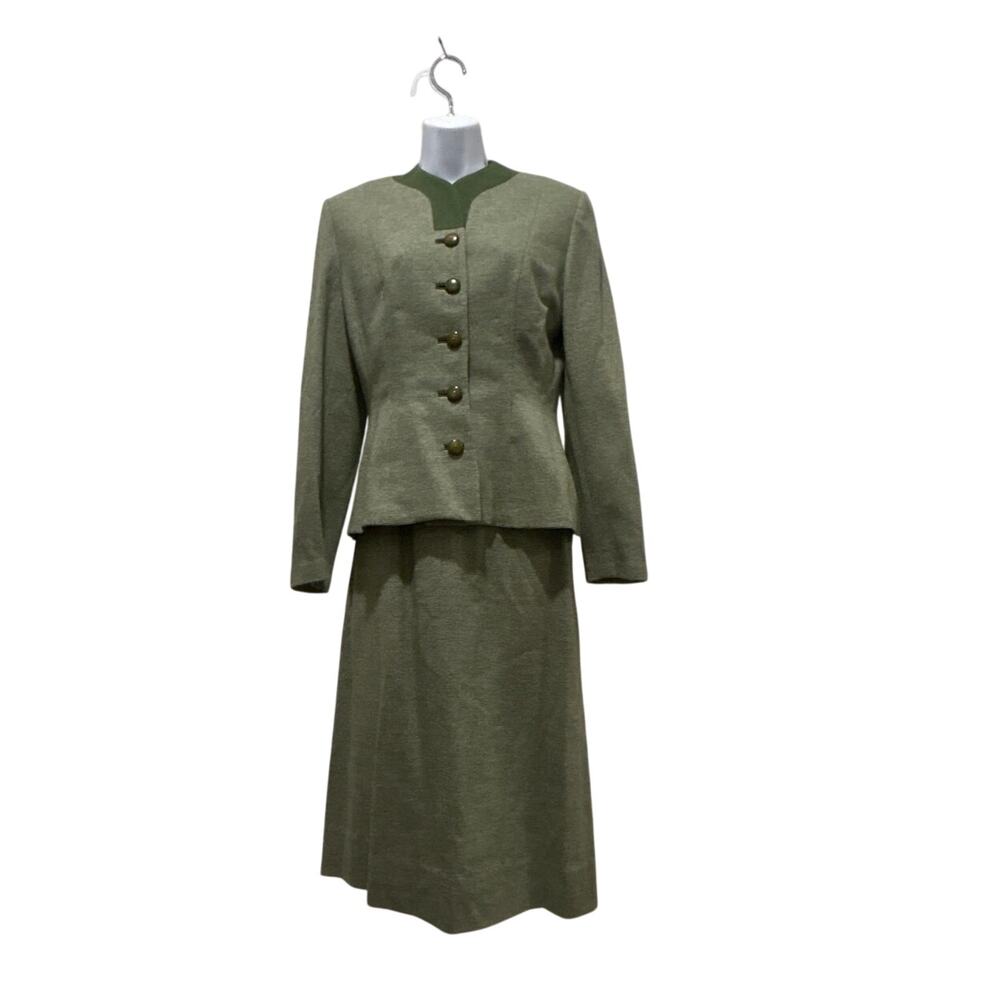 Vtg 60’s olive green skirt suit “Bullocks  “Holmes of Ca. High waist women’s S/M